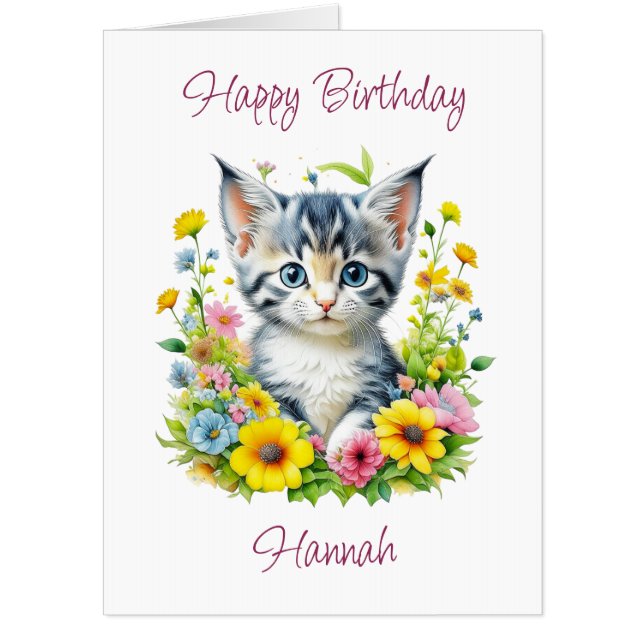 Jumbo Cute Personalized Kitten in Flowers Birthday Card (Front)