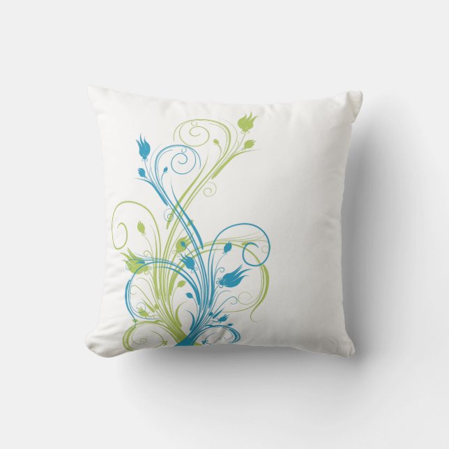 Jumbo Green, Blue, White Floral Vines Pillow (Front)