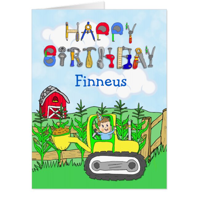 Jumbo Happy Birthday Personalized Tractors Card (Front)