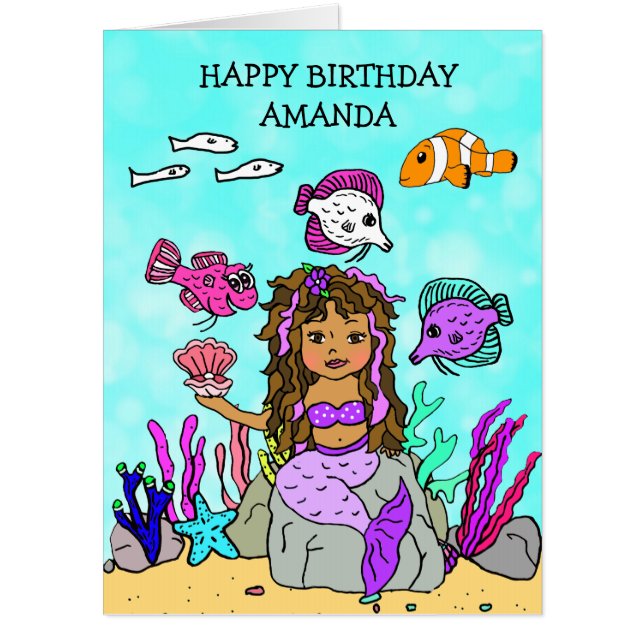 Jumbo Mermaid And Sea Creatures Birthday Card (Front)
