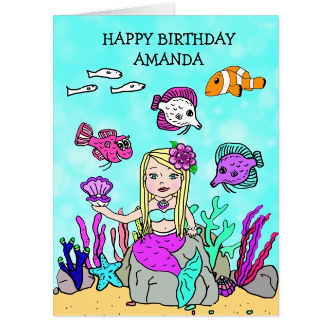 Jumbo Mermaid And Sea Creatures Birthday Card (Front)