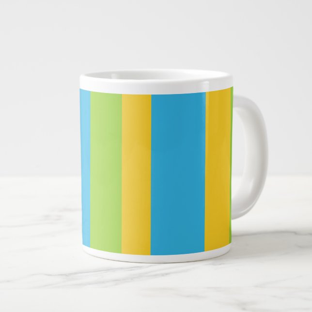Jumbo Mug: Turquoise, Yellow, Green Stripes Giant Coffee Mug (Front Right)
