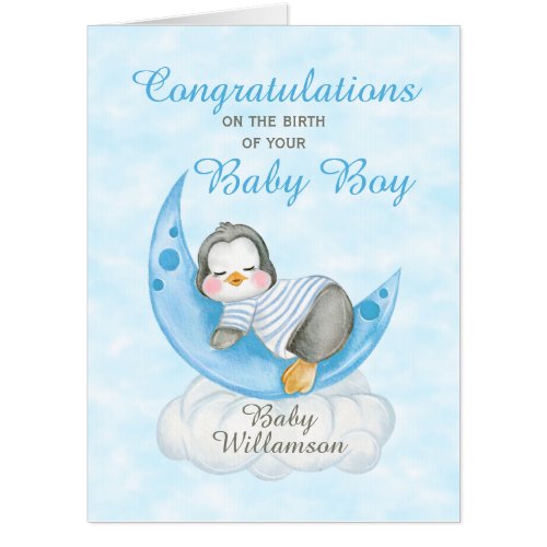 Jumbo New Baby Boy Blue Penguin Card