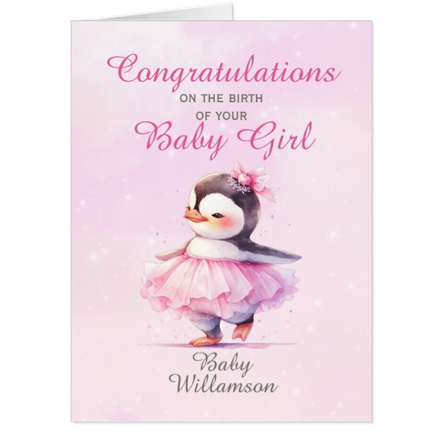Jumbo New Baby Girl Pink Penguin Ballerina Card (Front)