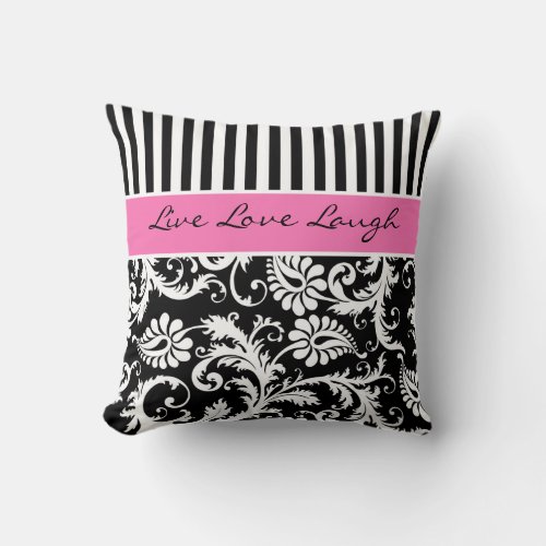 Jumbo Pink Black White Stripes Damask Pillow