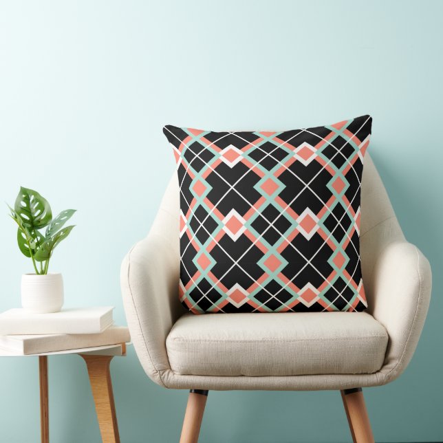 Jumbo Plaid (Coral Mint Black White) Throw Pillow (Chair)
