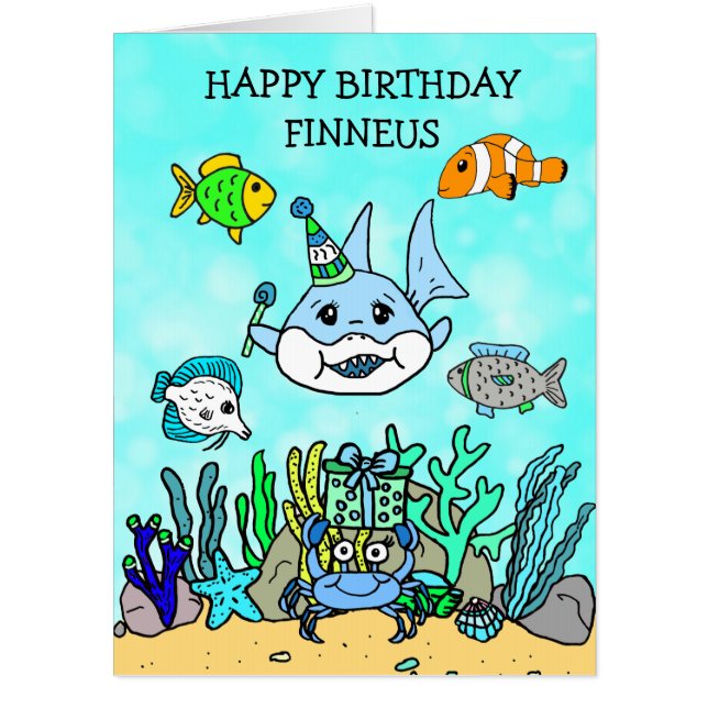 Jumbo Shark And Sea Creatures Birthday Card (Front)