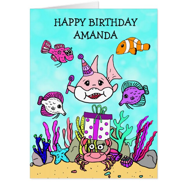 Jumbo Shark And Sea Creatures Birthday Card (Front)