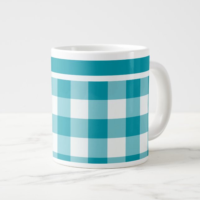 Jumbo-sized Mug, Teal and White Check Gingham Giant Coffee Mug (Front Right)