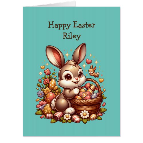 Jumbo_Sized Vintage Easter Bunny Basket and Eggs Card