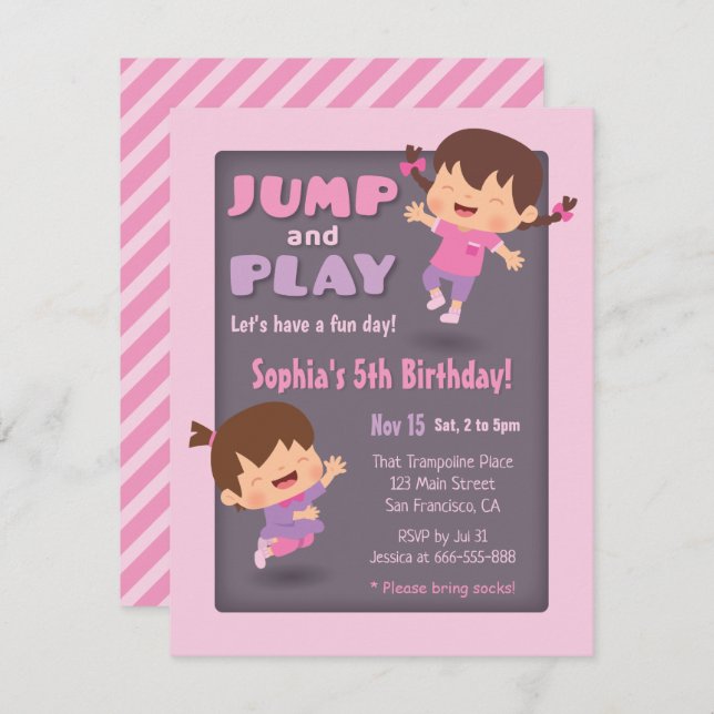 Jump and Play Cute Girls Trampoline Birthday Party Invitation (Front/Back)