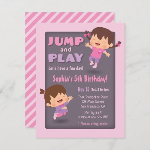 Jump and Play Cute Girls Trampoline Birthday Party Invitation