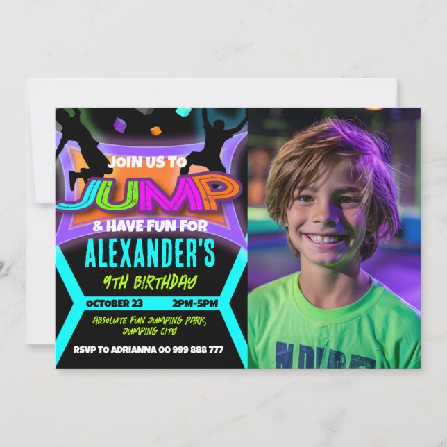 Jump Birthday Bounce House Trampoline Park Photo Invitation (Front)