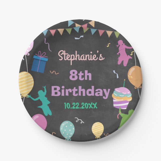 Jump Birthday Chalkboard Kid Trampoline Party Paper Plates (Front)