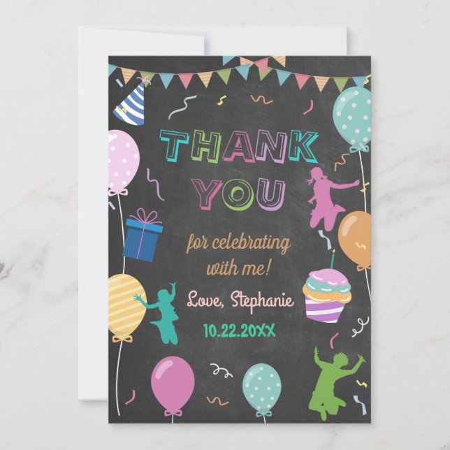 Jump Birthday Chalkboard Kid Trampoline Party Thank You Card (Front)