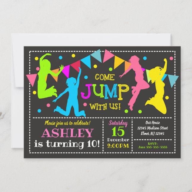 Jump Birthday Invitation Bounce House Trampoline (Front)