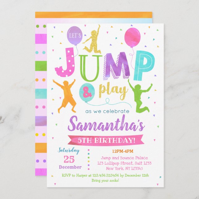 Jump Birthday Invitation Bounce Trampoline Party  (Front/Back)