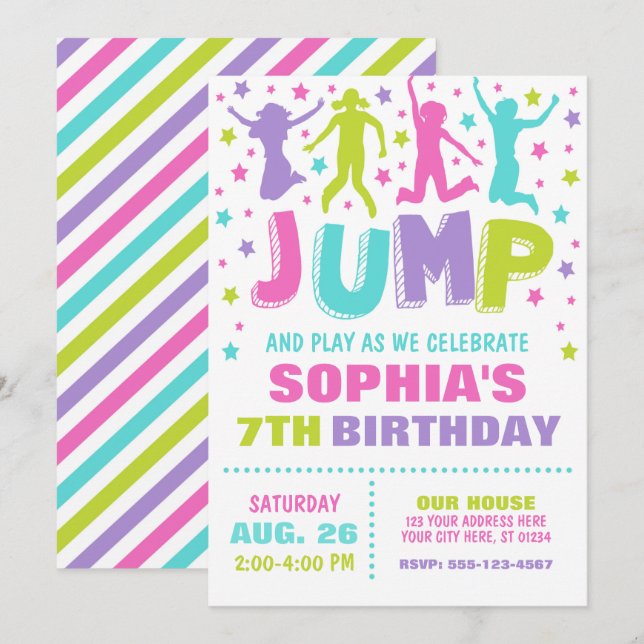 Jump Birthday Invitation, Trampoline Bounce House  Invitation (Front/Back)