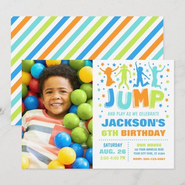 Jump Birthday Invitation, Trampoline Bounce House Invitation (Front/Back)