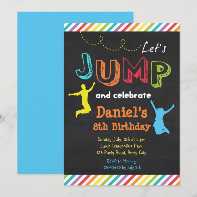 Jump Birthday Invitations (Chalkboard Rainbow) (Front/Back)