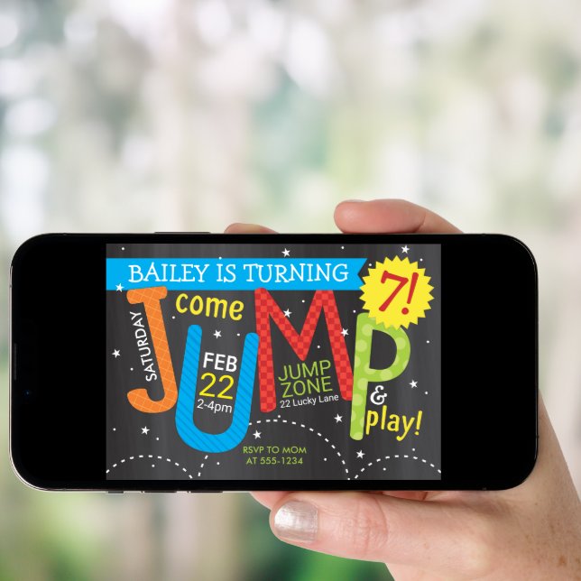 Jump Birthday Party - Brights on Chalkboard Invitation (Front Digital)