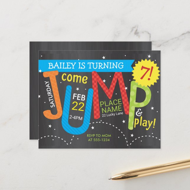Jump Birthday Party Colors on Chalk Budget Invite (Front/Back In Situ)