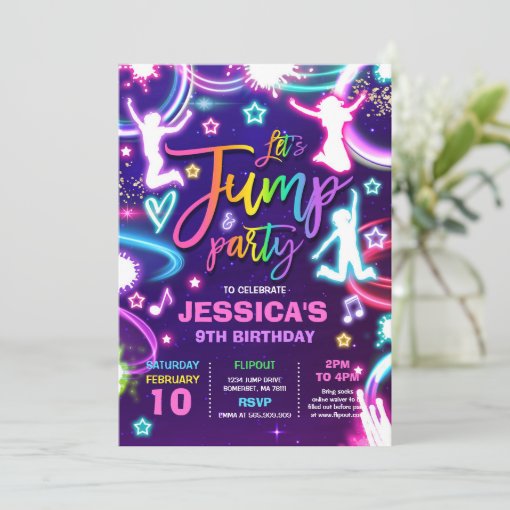 Jump Birthday Party Neon Glow Jump Party Invitation | Zazzle