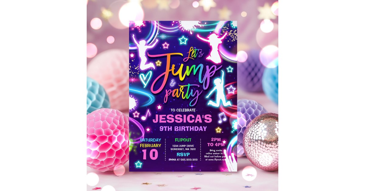 Jump Birthday Party Neon Glow Jump Party Invitation | Zazzle