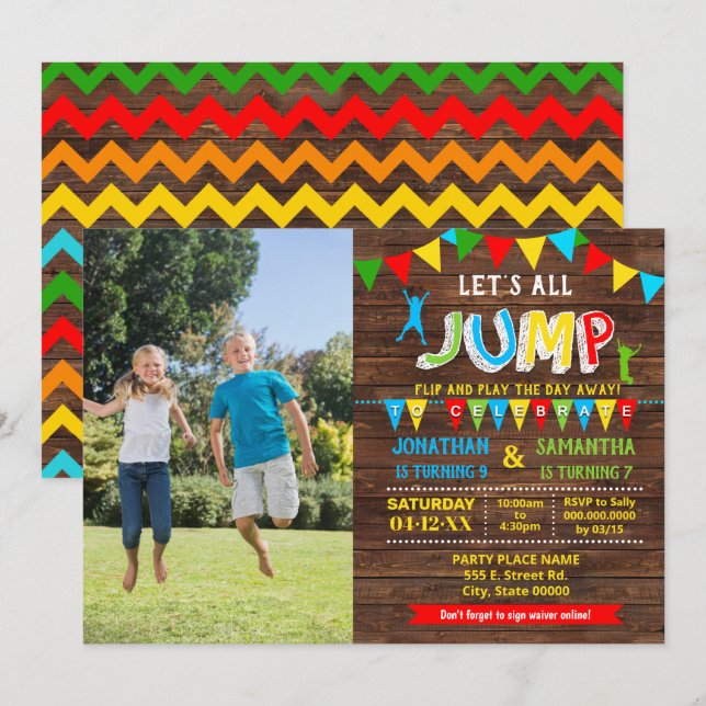 Jump birthday trampoline bounce combined party invitation (Front/Back)