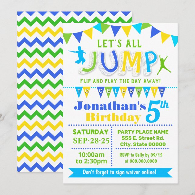 Jump birthday trampoline bounce house party invitation (Front/Back)