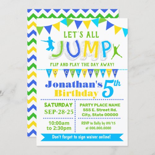 Jump birthday trampoline bounce house party invitation