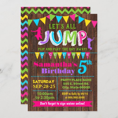 Jump birthday trampoline bounce house pink party invitation