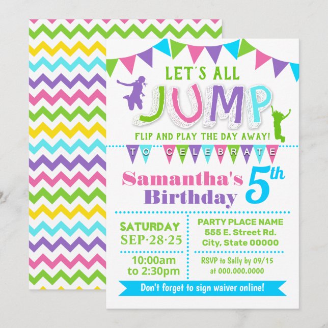 Jump birthday trampoline bounce house pink party invitation (Front/Back)