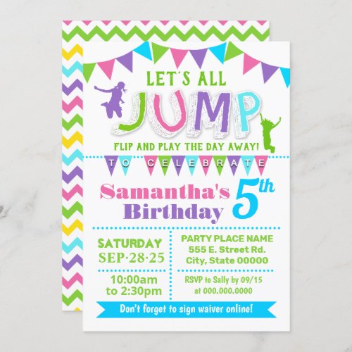 Jump birthday trampoline bounce house pink party invitation