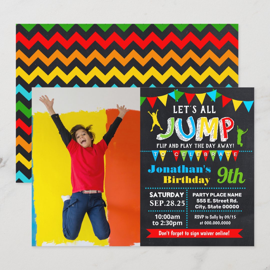 Jump birthday trampoline bounce party photo invitation Zazzle