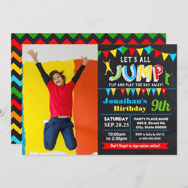 Jump birthday trampoline bounce party photo invitation (Front/Back)