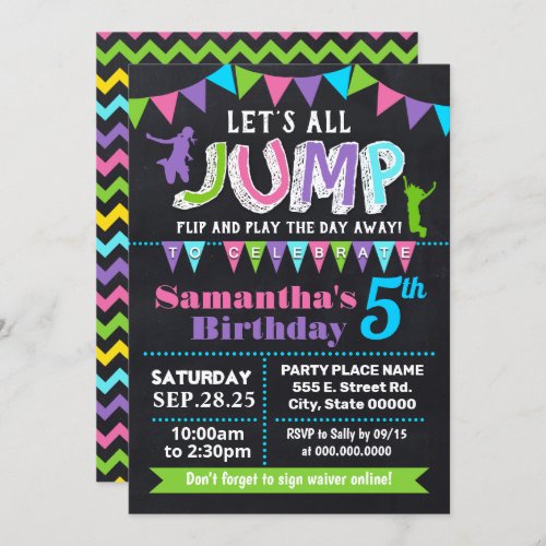Jump birthday trampoline chalkboard pink party invitation