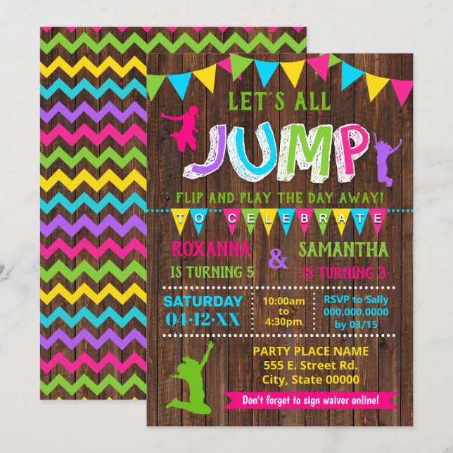 Jump birthday trampoline combined pink party invitation (Front/Back)