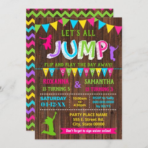 Jump birthday trampoline combined pink party invitation