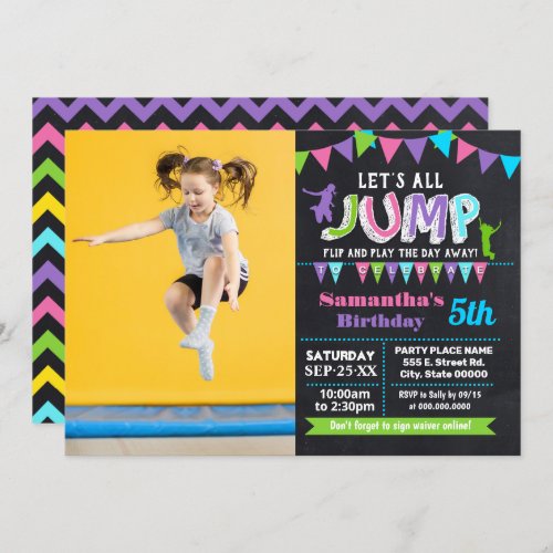 Jump birthday trampoline pink chalkboard photo invitation