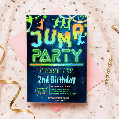 Jump Bounce Neon Jumping Trampoline Birthday Party Invitation