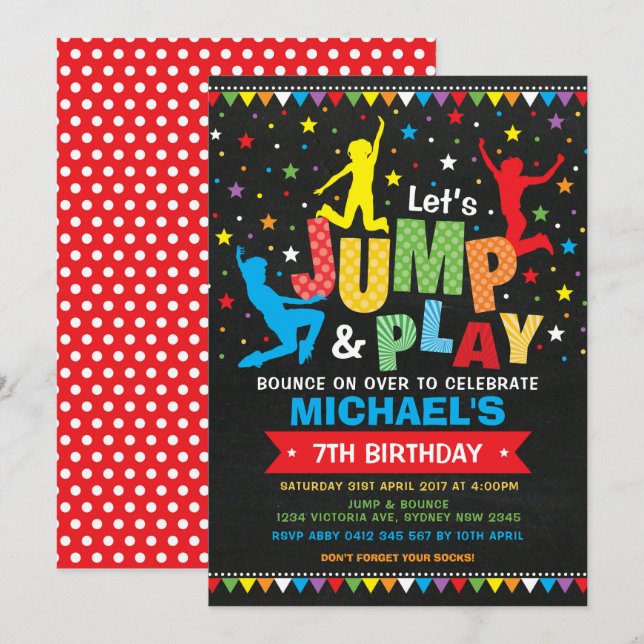 Jump, Bounce, Play! Trampoline Birthday Party Invitation (Front/Back)