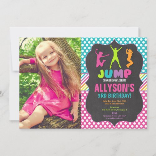 Jump bounce trampoline birthday party photo invitation
