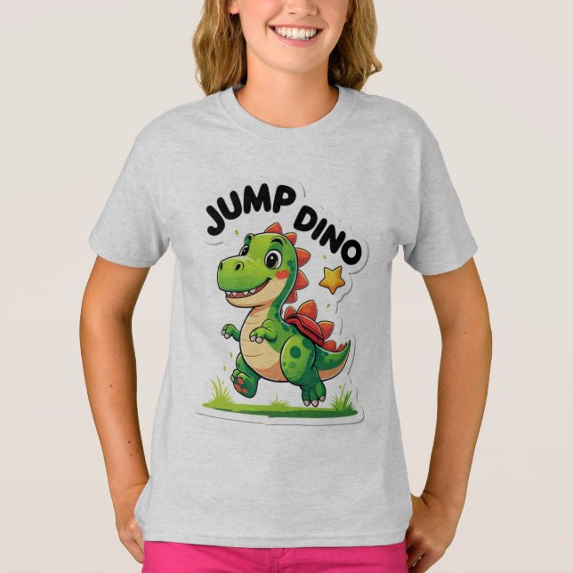 Jump Dino – Playful Cartoon Sticker T-Shirt (Front)