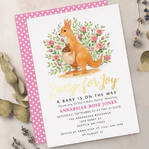 Jump For Joy Cute Kangaroo Girl Baby Shower Foil Invitation
