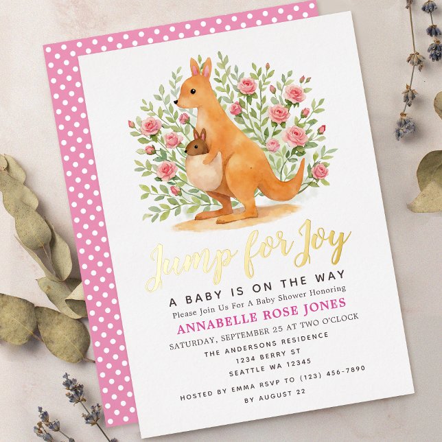 Jump For Joy Cute Kangaroo Girl Baby Shower Foil Invitation (Creator Uploaded)