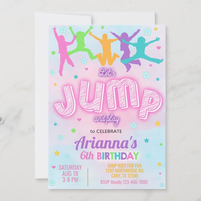 JUMP girl birthday invitation, let's jump invite. Invitation (Front)