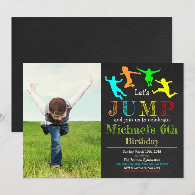 Jump Gymnastics Flip Chalkboard Boy Birthday Invitation (Front/Back)