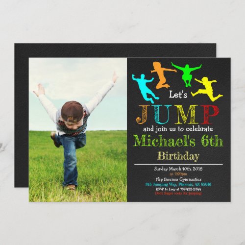 Jump Gymnastics Flip Chalkboard Boy Birthday Invitation
