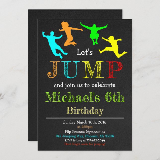 Jump Gymnastics Flip Chalkboard Boy Birthday Invitation (Front/Back)